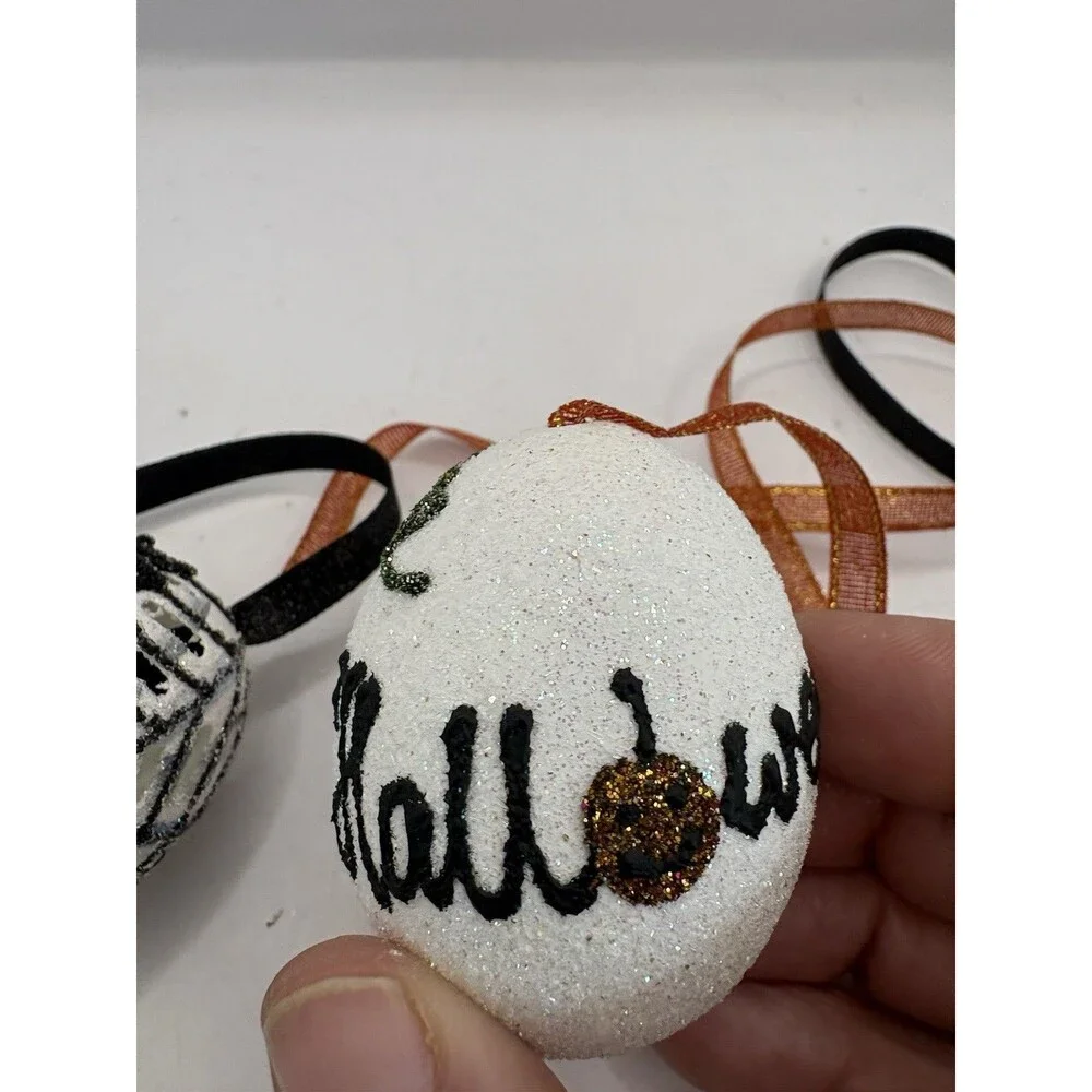 Set Of 3 Halloween Ornament: Peter Priess Egg; Spooky Black Spider Web Pumpkin